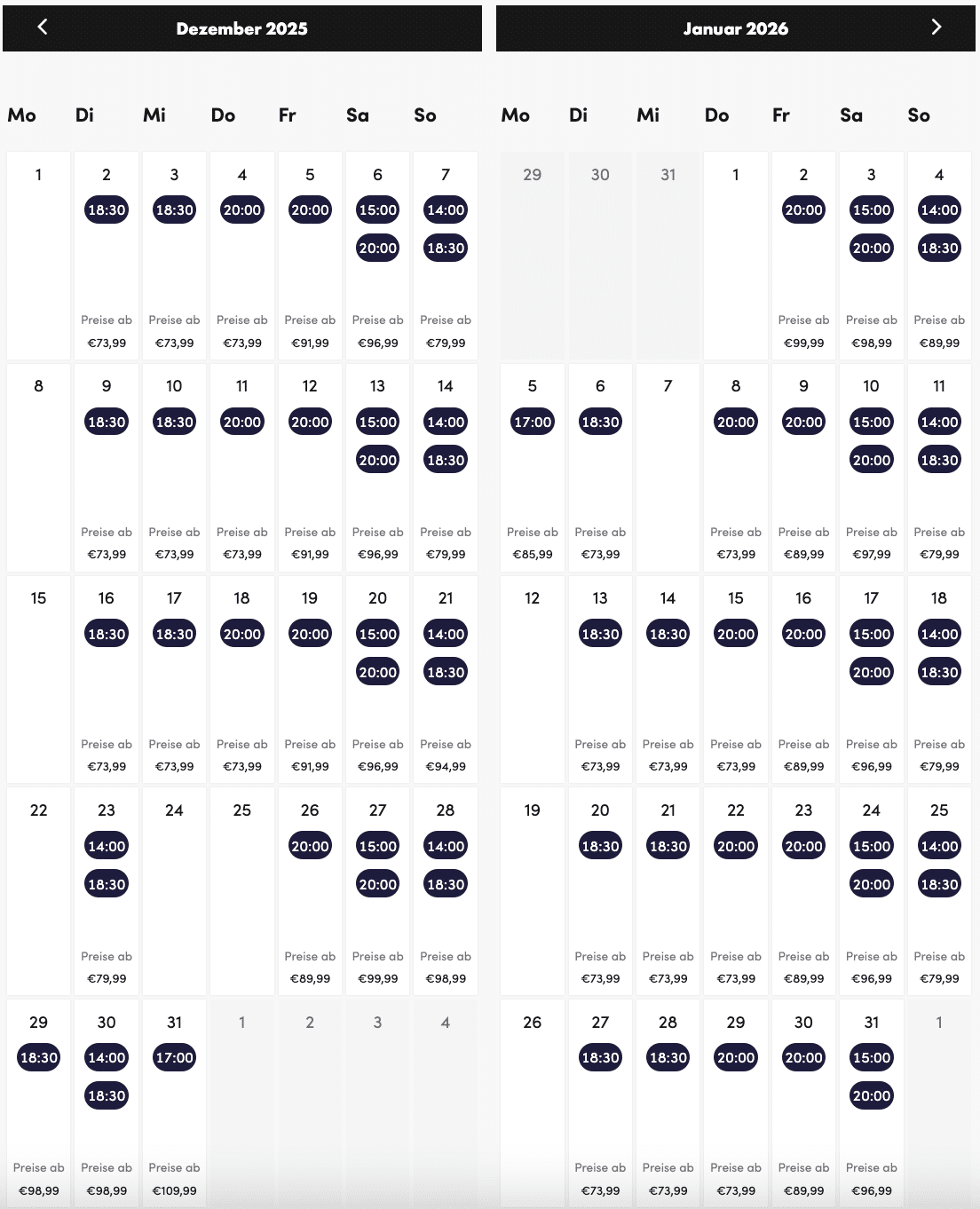 Kalender für Ticketkauf König der Löwen