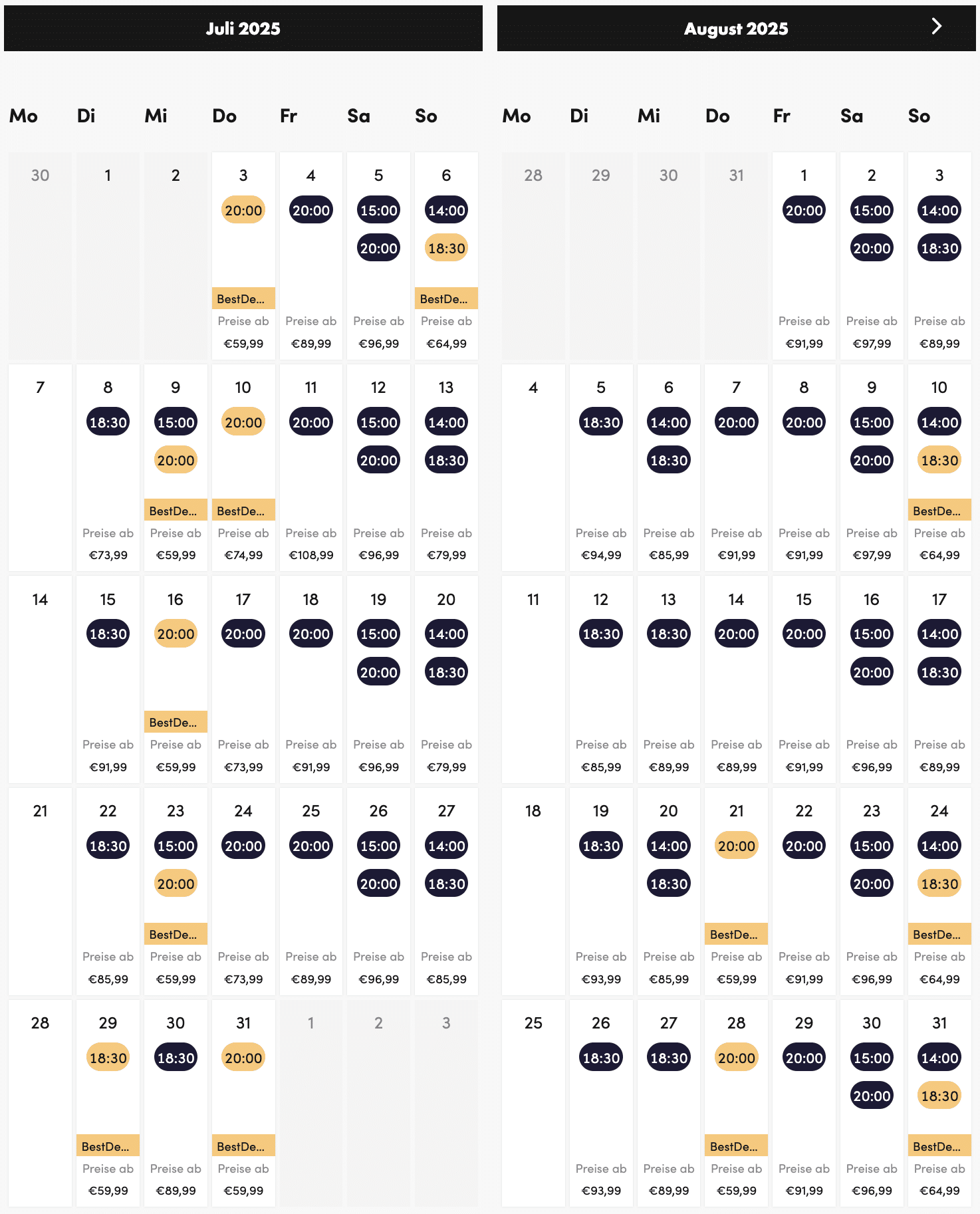 Kalender für Ticketkauf König der Löwen