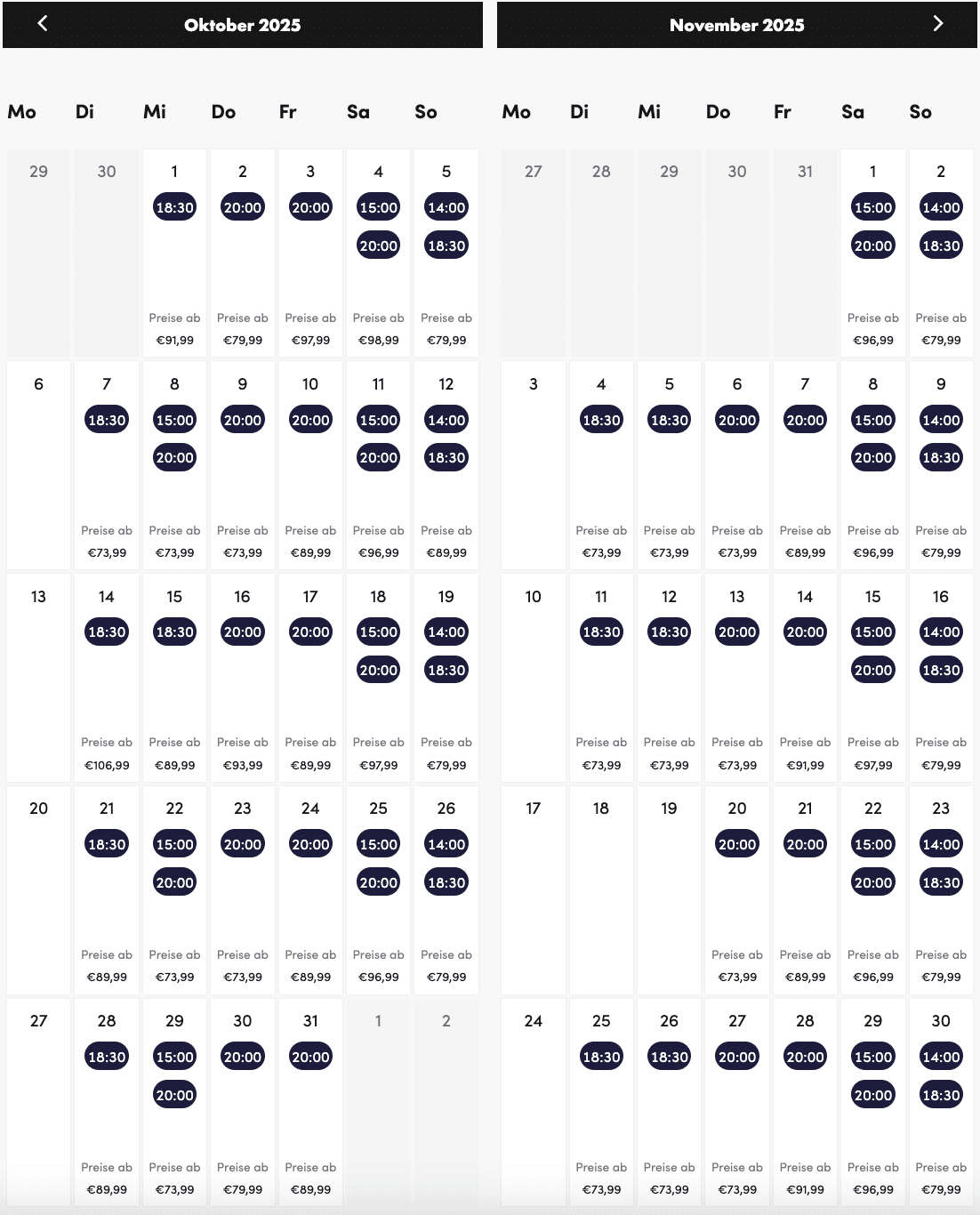 Kalender für Ticketkauf König der Löwen